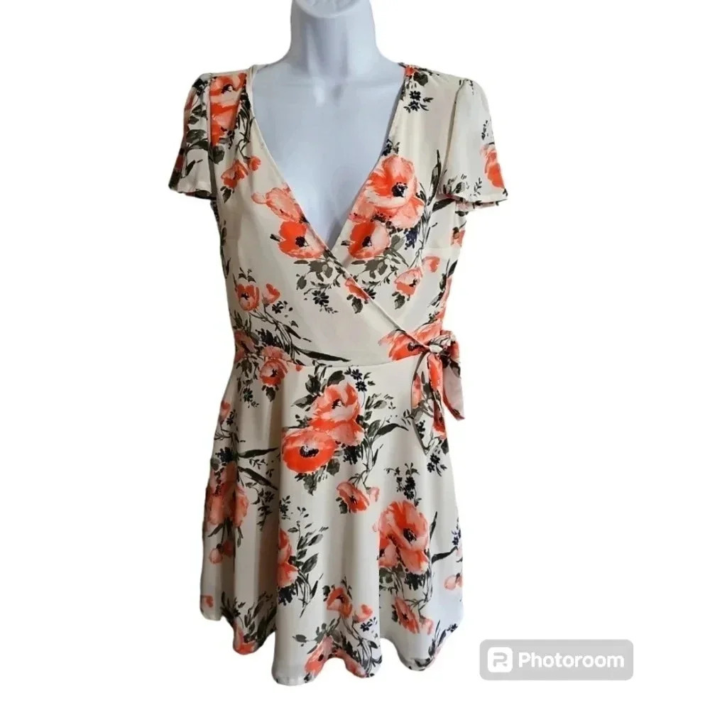 Abercrombie & Fitch S Wrap Mini Dress Coral Floral Flutter Sleeve Statement Y2K - Picture 2 of 8
